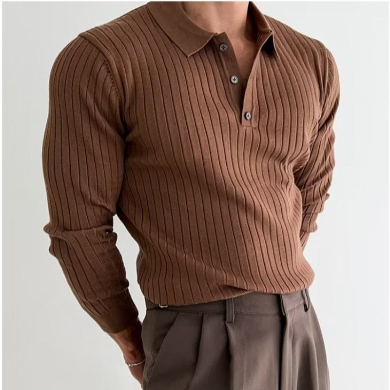 Lapel Button Long Sleeve Polo Shirt Slim Top Men's