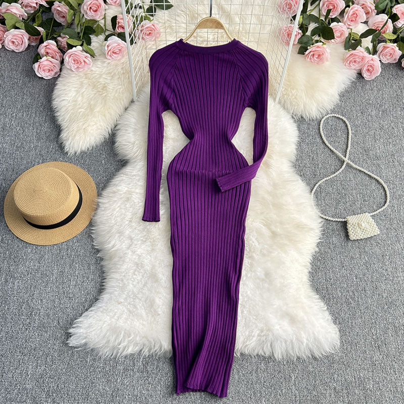 Long Sleeve Round Neck Sexy Slim Fit Dress Waist