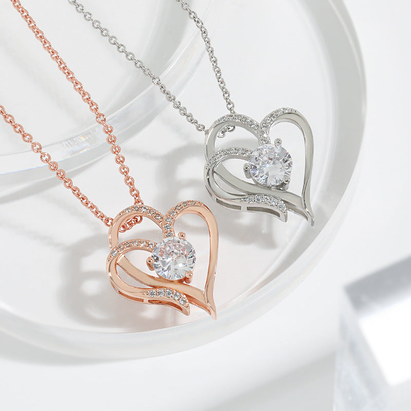 Zircon Double Love Necklace With Rhinestones Ins Personalized Heart-shaped