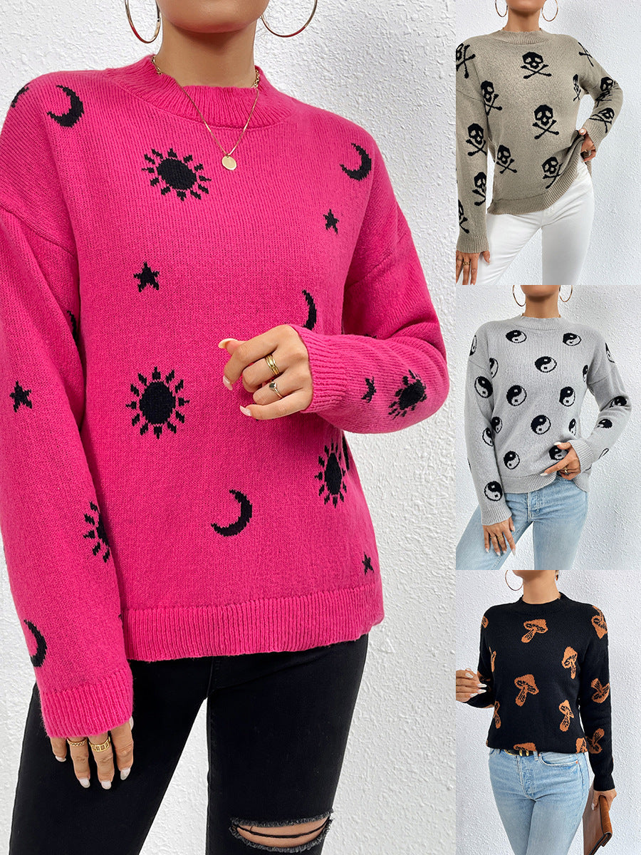 Jacquard Crewneck Pullover Knitted Sweaters For Women Casual