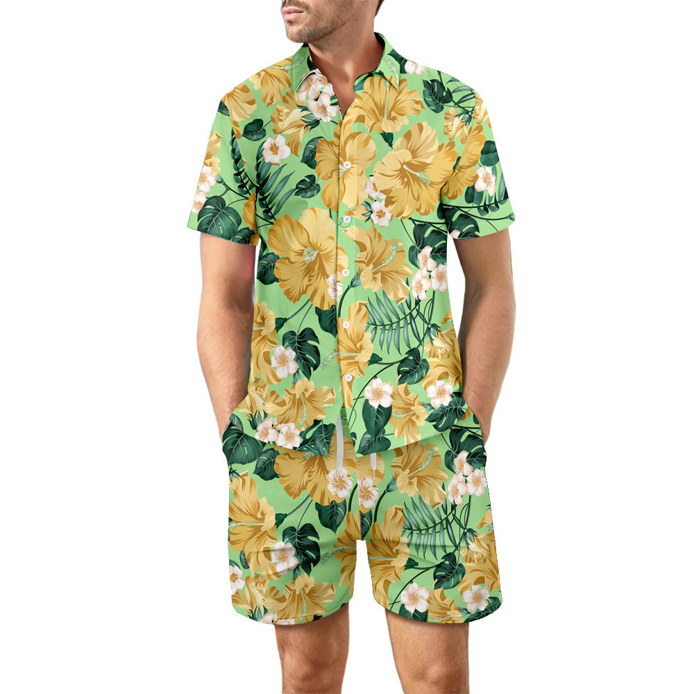 2Pcs Printed Beach Shirt Summer Suit Loose Lapel Button Top And Drawstring Pockets Shorts Casual