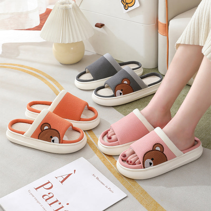 Cute Cartoon Bear Linen Slippers For Women Indoor Non-slip