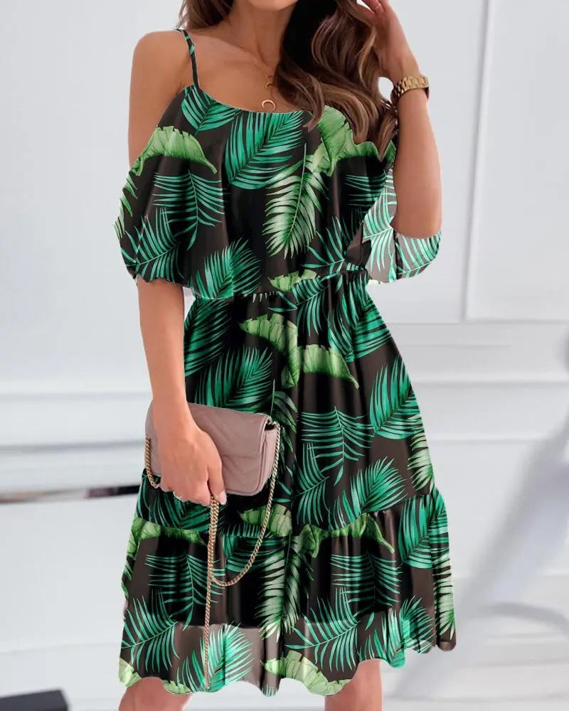 Flower Printed Ruffled Suspender Dress Summer Off-the-shoulder