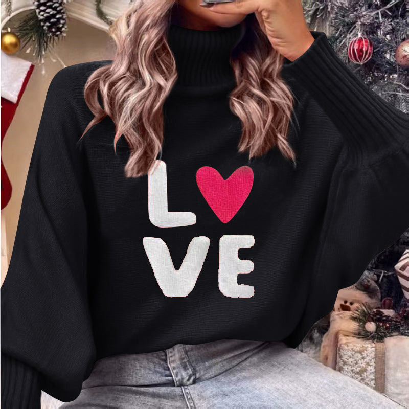 European And American Valentine's Day LOVE Red High Collar Sweater