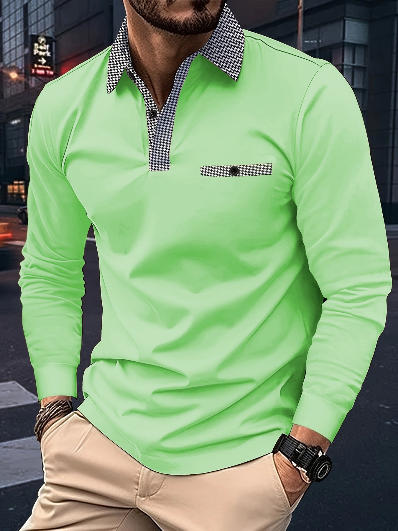 Leisure Plaid Lapel Polo Shirt Long Sleeve Tops Men's