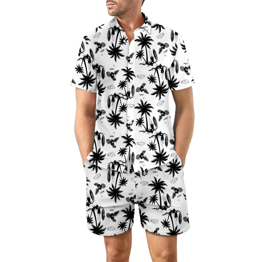 2Pcs Printed Beach Shirt Summer Suit Loose Lapel Button Top And Drawstring Pockets Shorts Casual