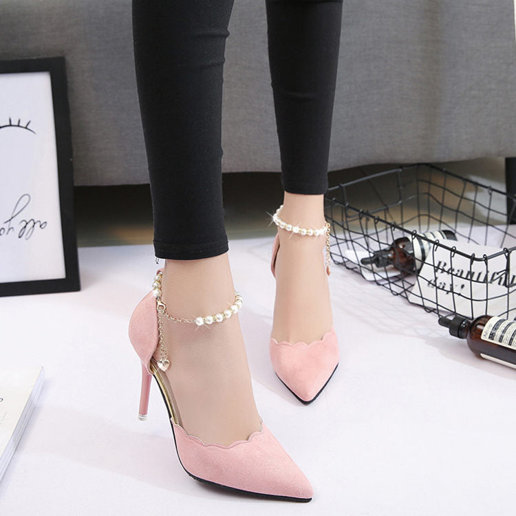 2023 New Type Of High Heels, Sharp, Sharp, Snap Chain And Shallowly Grind Noodles Women's Sandals