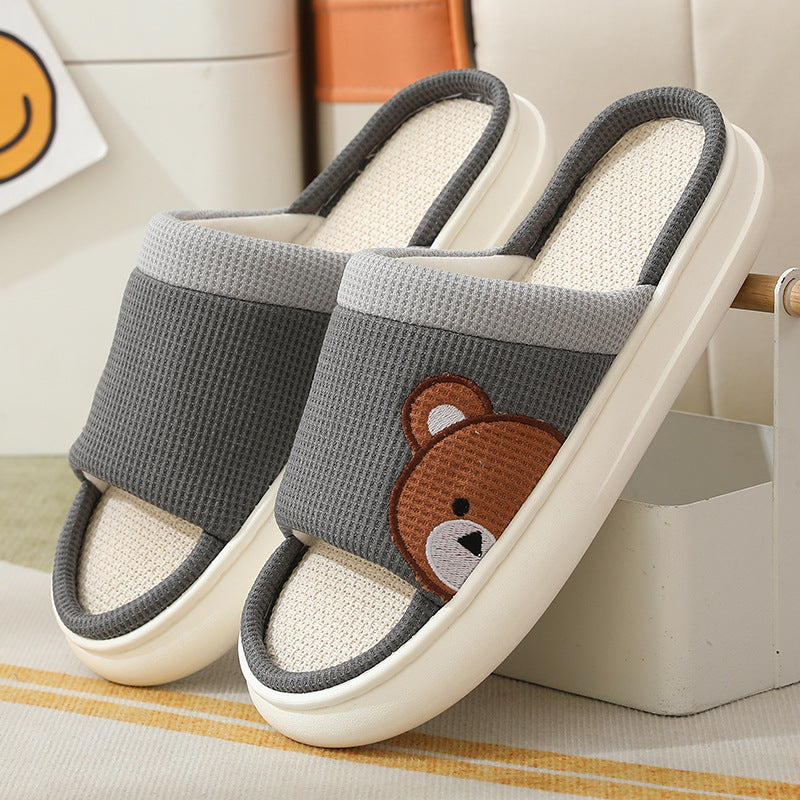 Cute Cartoon Bear Linen Slippers For Women Indoor Non-slip