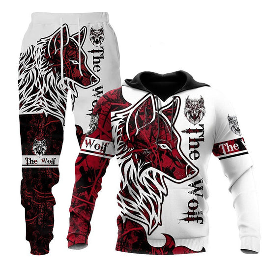 3D Wolf Print Tracksuit Men Sportswear Hooded Sweatsuit Two Piece Outdoors