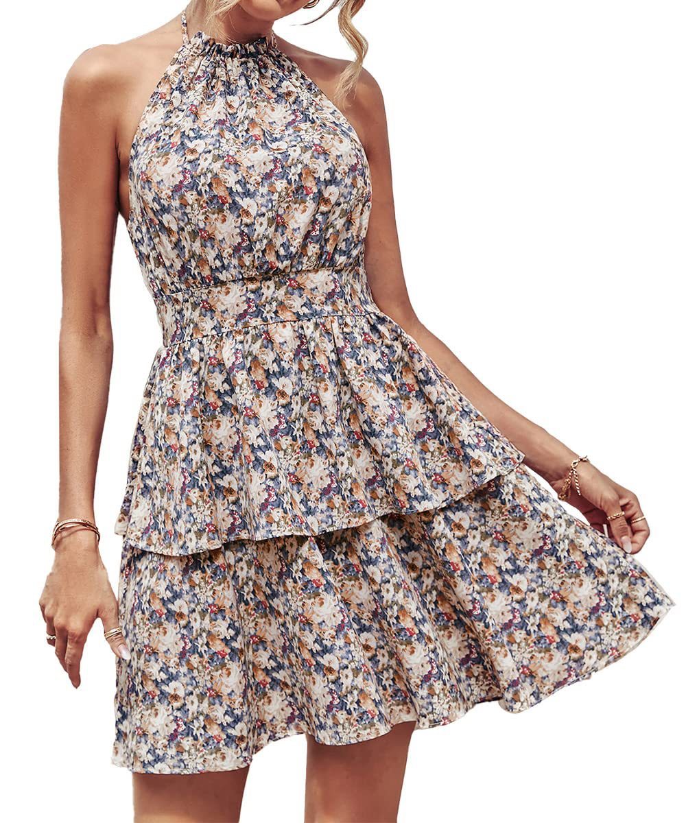 Summer Printed Halter Dress Fashion Boho Backless Ruffled A-Line Beach Dresses