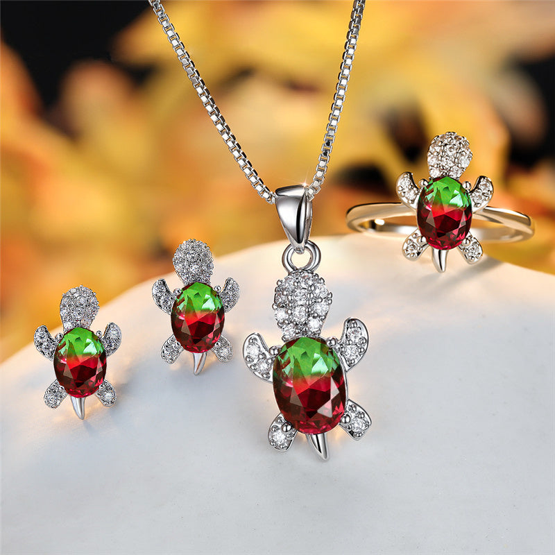 Fashion Oval Zircon Pendant Turtle Shape Necklaces With Rainbow Stone Multicolor Animal Necklace