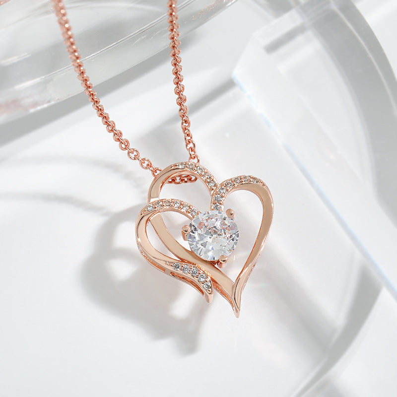 Zircon Double Love Necklace With Rhinestones Ins Personalized Heart-shaped