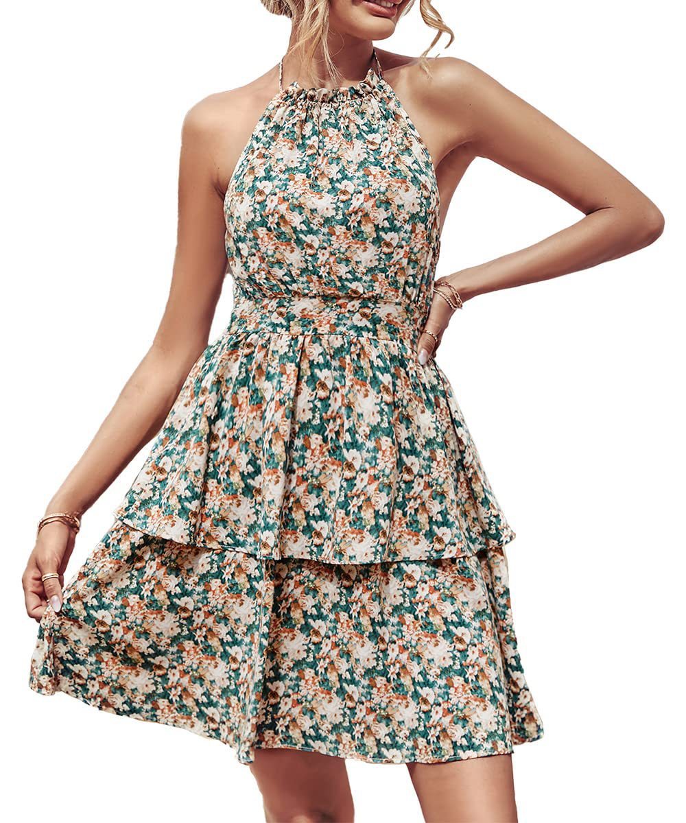 Summer Printed Halter Dress Fashion Boho Backless Ruffled A-Line Beach Dresses