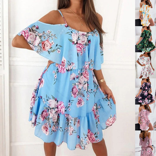 Flower Printed Ruffled Suspender Dress Summer Off-the-shoulder