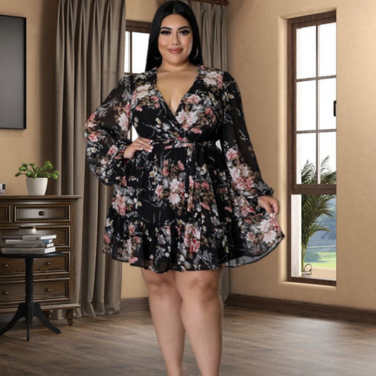 Plus Size Women Flower Print ChiffonV Neck Out Long Sleeve Dress