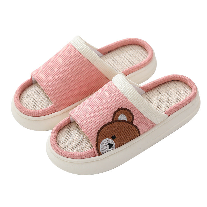 Cute Cartoon Bear Linen Slippers For Women Indoor Non-slip