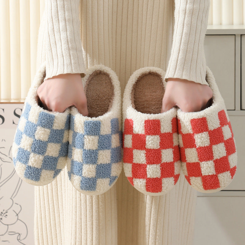 Checkerboard Print Slippers Winter House Shoes Men And Women Couple Home Floor Warm Cotton Slippers