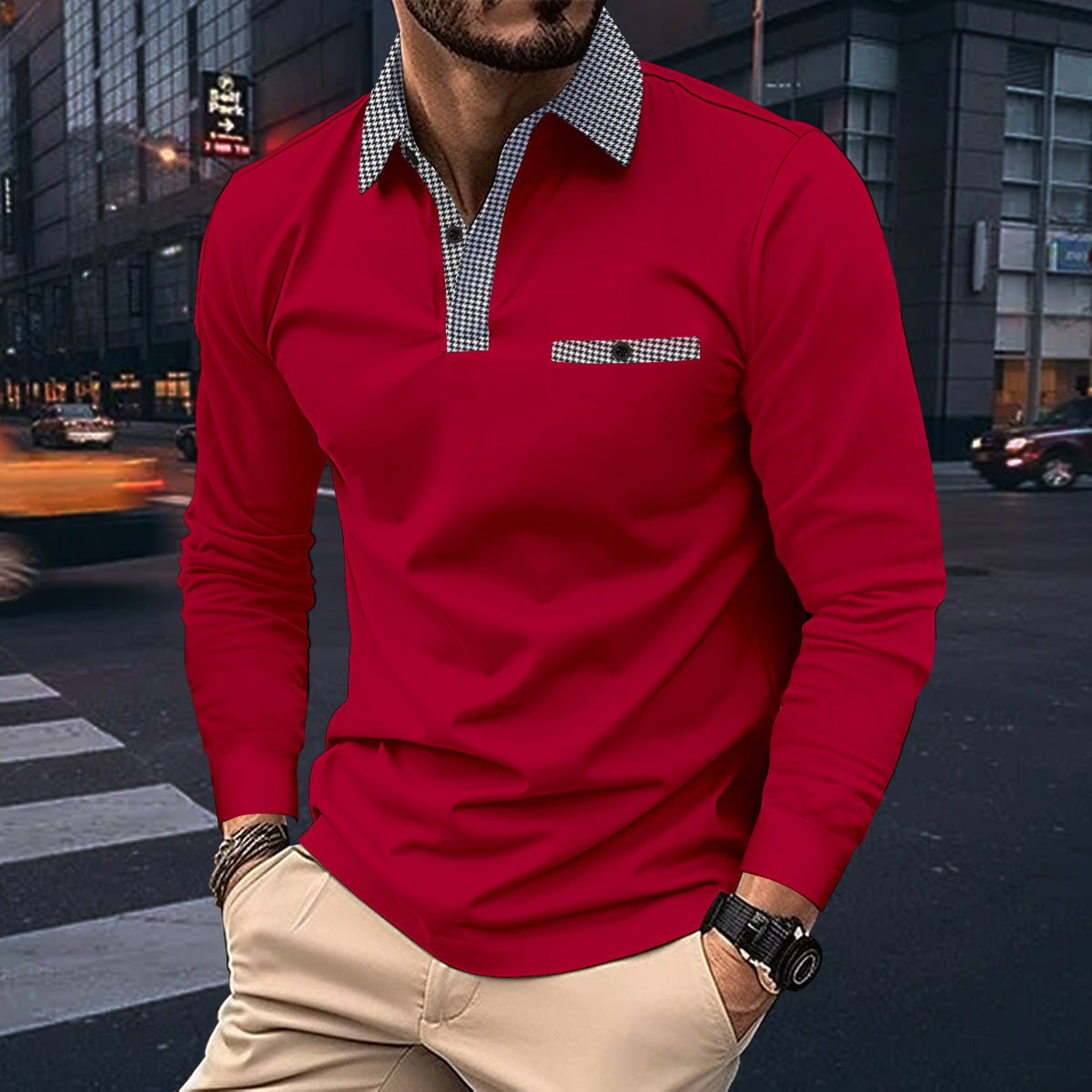 Leisure Plaid Lapel Polo Shirt Long Sleeve Tops Men's