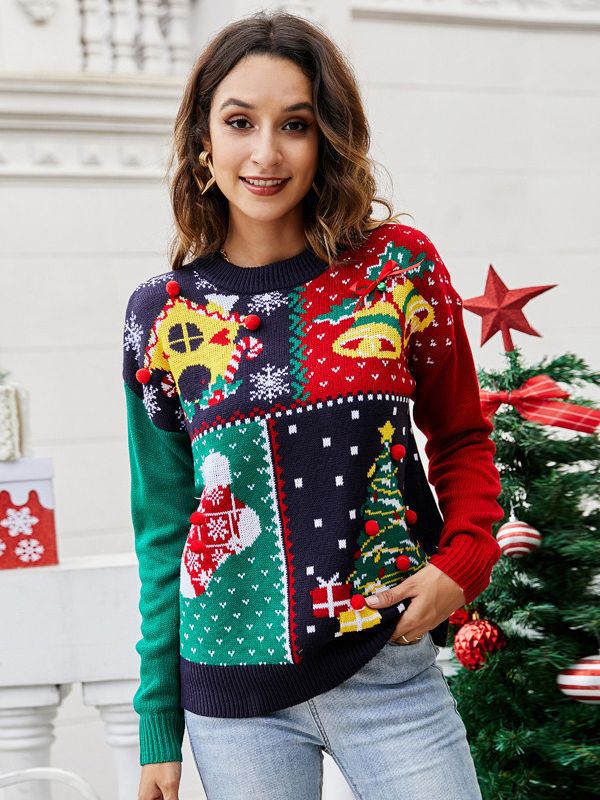 Women's Christmas Tree Snowflake Knitted Sweaters Long Sleeve Crew Neck Embroidery Pullover