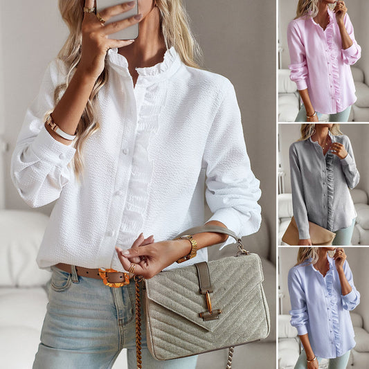 Striped Long Sleeve Shirt Fashion Ruffle Design Button Up Tops Casual