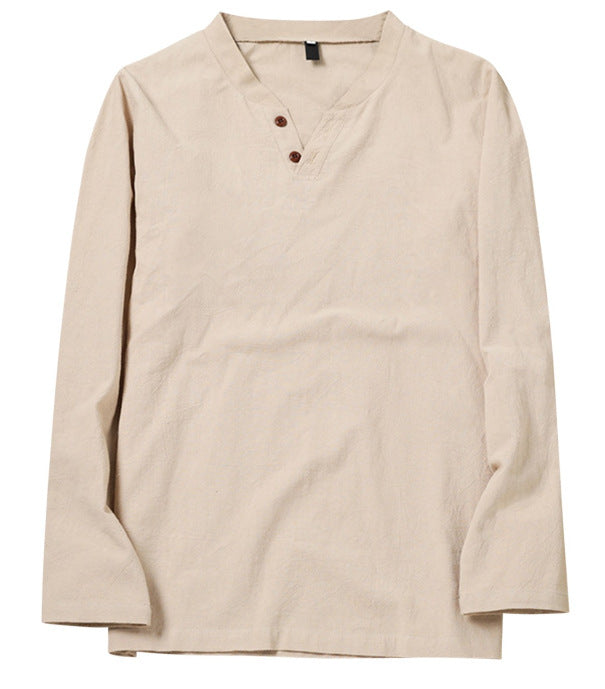 Cotton Linen Men's Long Sleeve V-neck