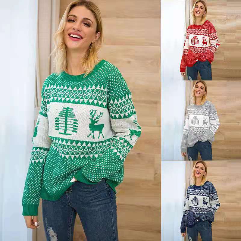 Christmas Sweater Cute Elk Geometric Print Knitted Sweater Women Winter Tops Clothes