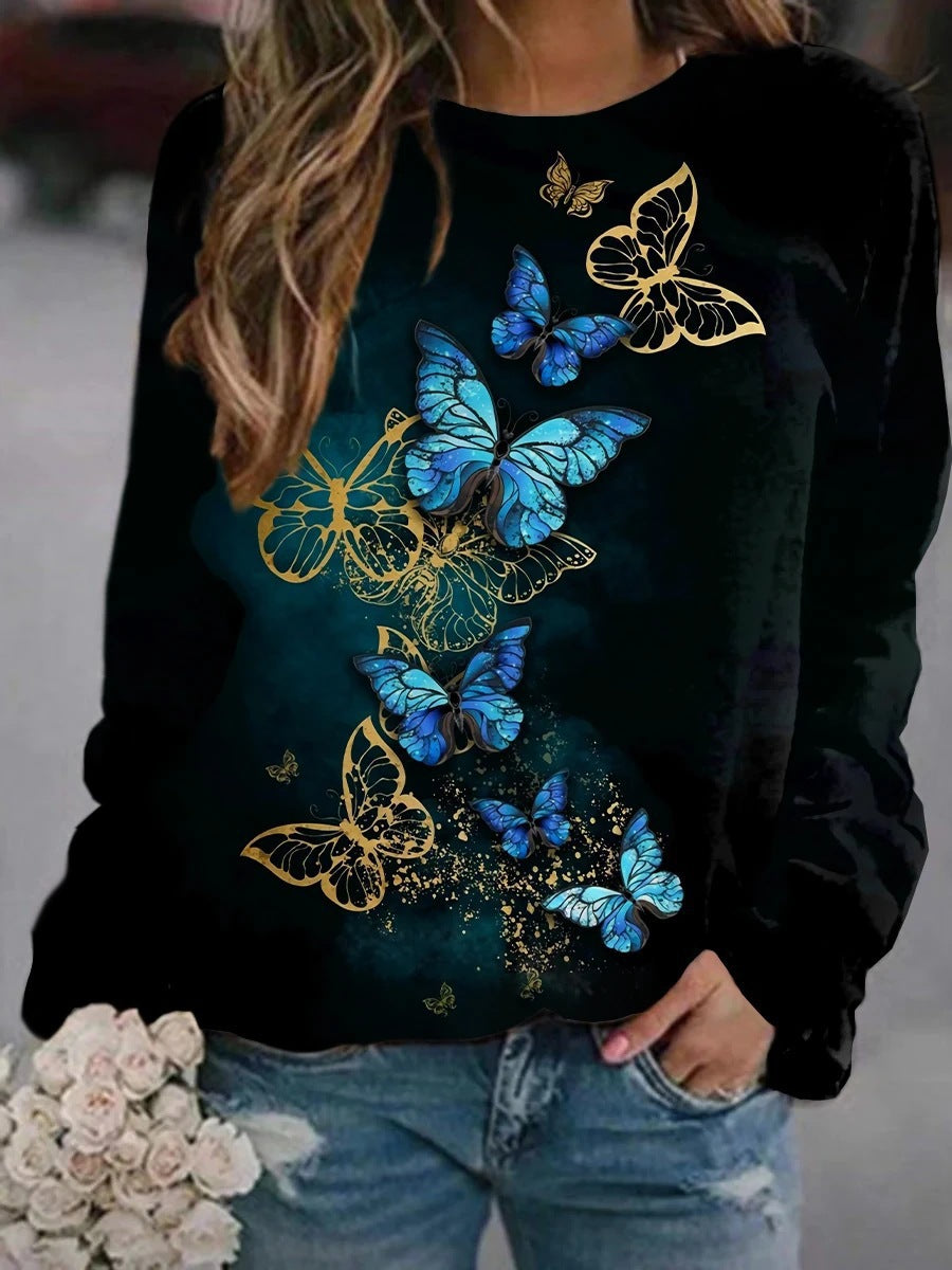 Flower Butterfly Round Neck Sweatshirt Female