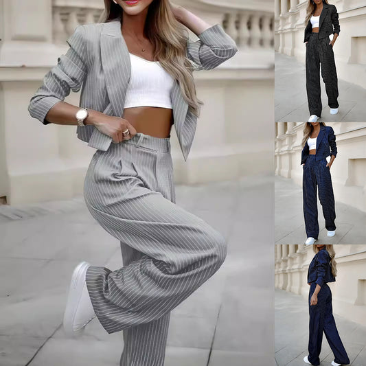 Suits Casual Lapel Long Sleeve Cropped Top And Straight Pants