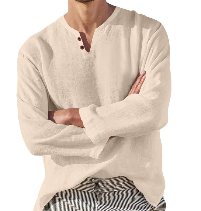 Cotton Linen Men's Long Sleeve V-neck