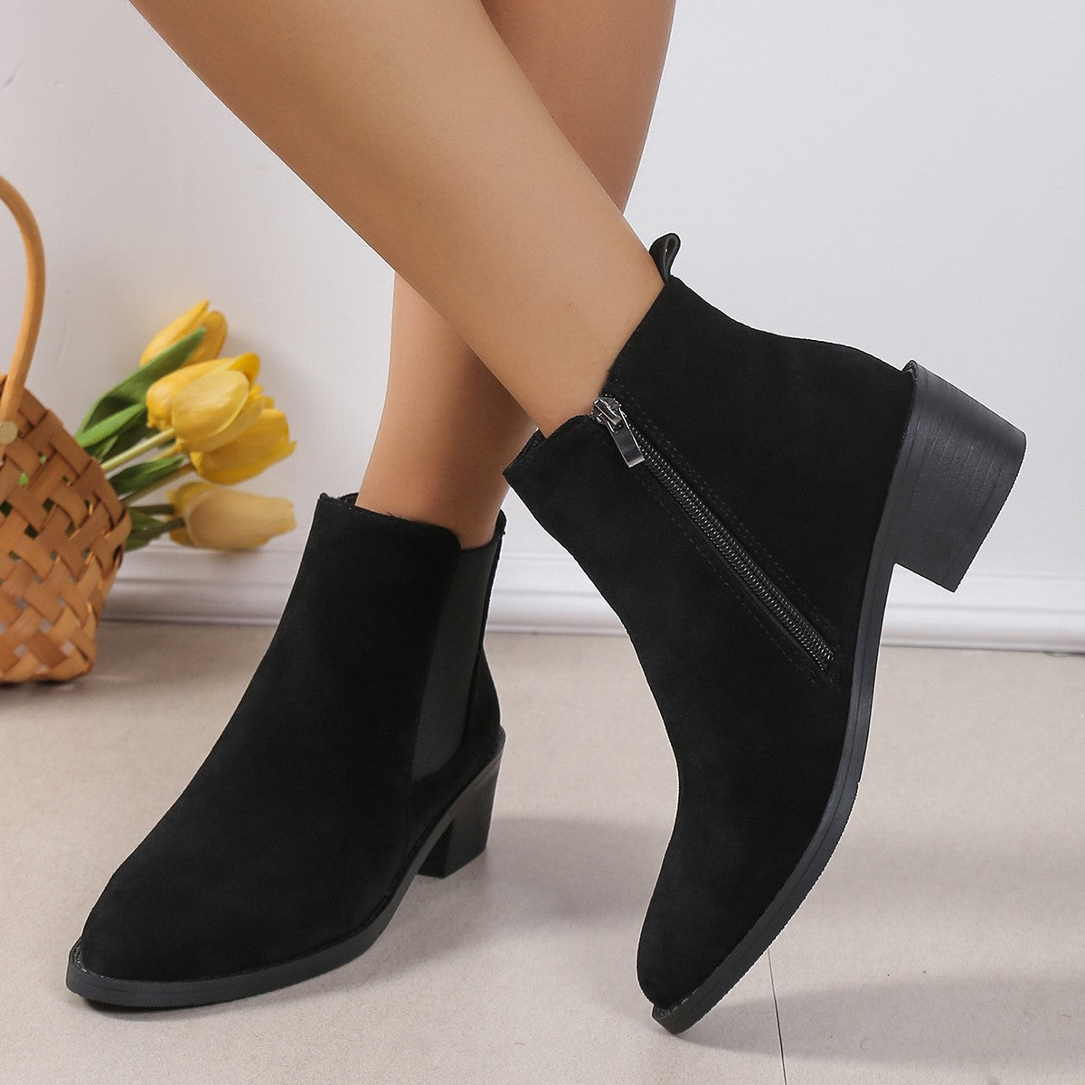 Women's Fashion Ankle Boots With Side Zipper Chunky Heel Boots Slip On Comfortable