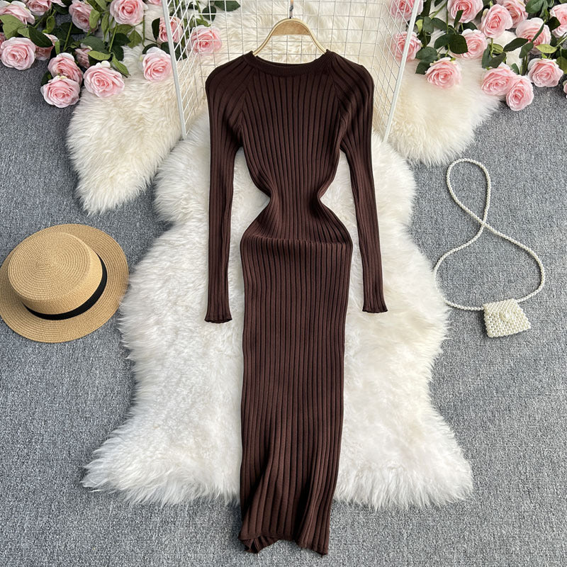 Long Sleeve Round Neck Sexy Slim Fit Dress Waist