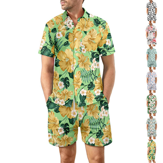 2Pcs Printed Beach Shirt Summer Suit Loose Lapel Button Top And Drawstring Pockets Shorts Casual