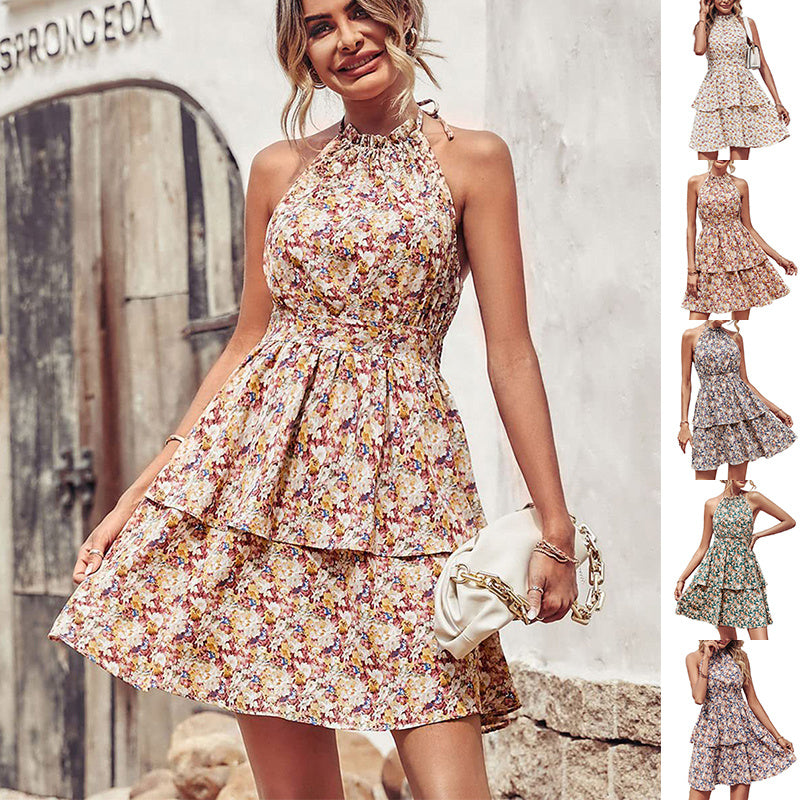 Summer Printed Halter Dress Fashion Boho Backless Ruffled A-Line Beach Dresses