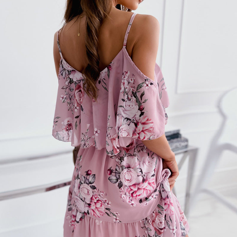 Flower Printed Ruffled Suspender Dress Summer Off-the-shoulder