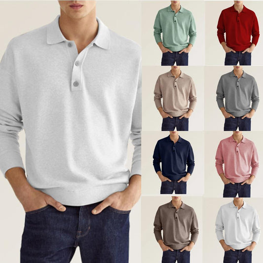 Long Sleeve V-neck Buttons Men's Casual  Polo Shirt