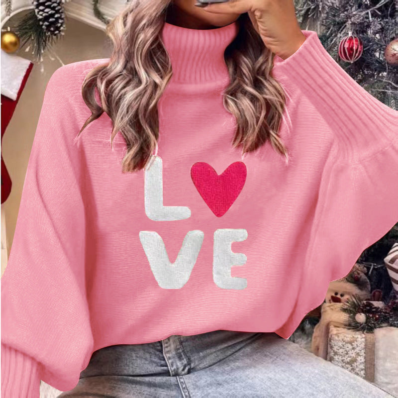 European And American Valentine's Day LOVE Red High Collar Sweater