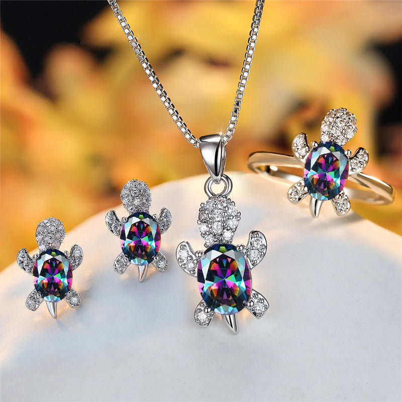 Fashion Oval Zircon Pendant Turtle Shape Necklaces With Rainbow Stone Multicolor Animal Necklace