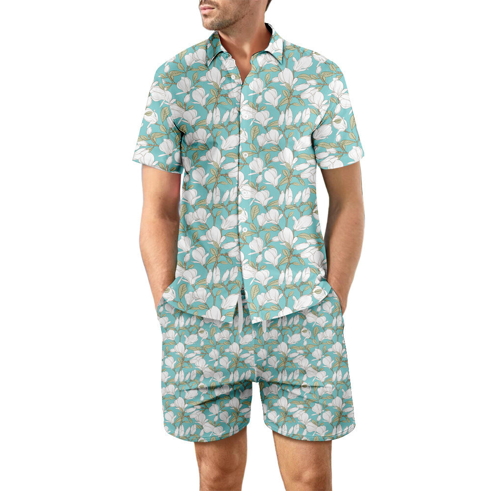 2Pcs Printed Beach Shirt Summer Suit Loose Lapel Button Top And Drawstring Pockets Shorts Casual