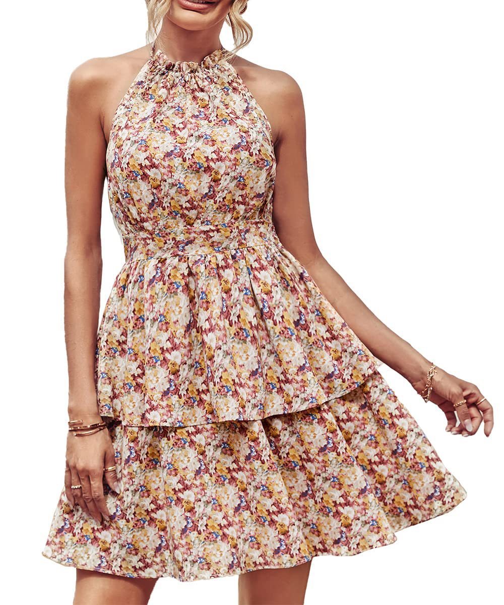 Summer Printed Halter Dress Fashion Boho Backless Ruffled A-Line Beach Dresses