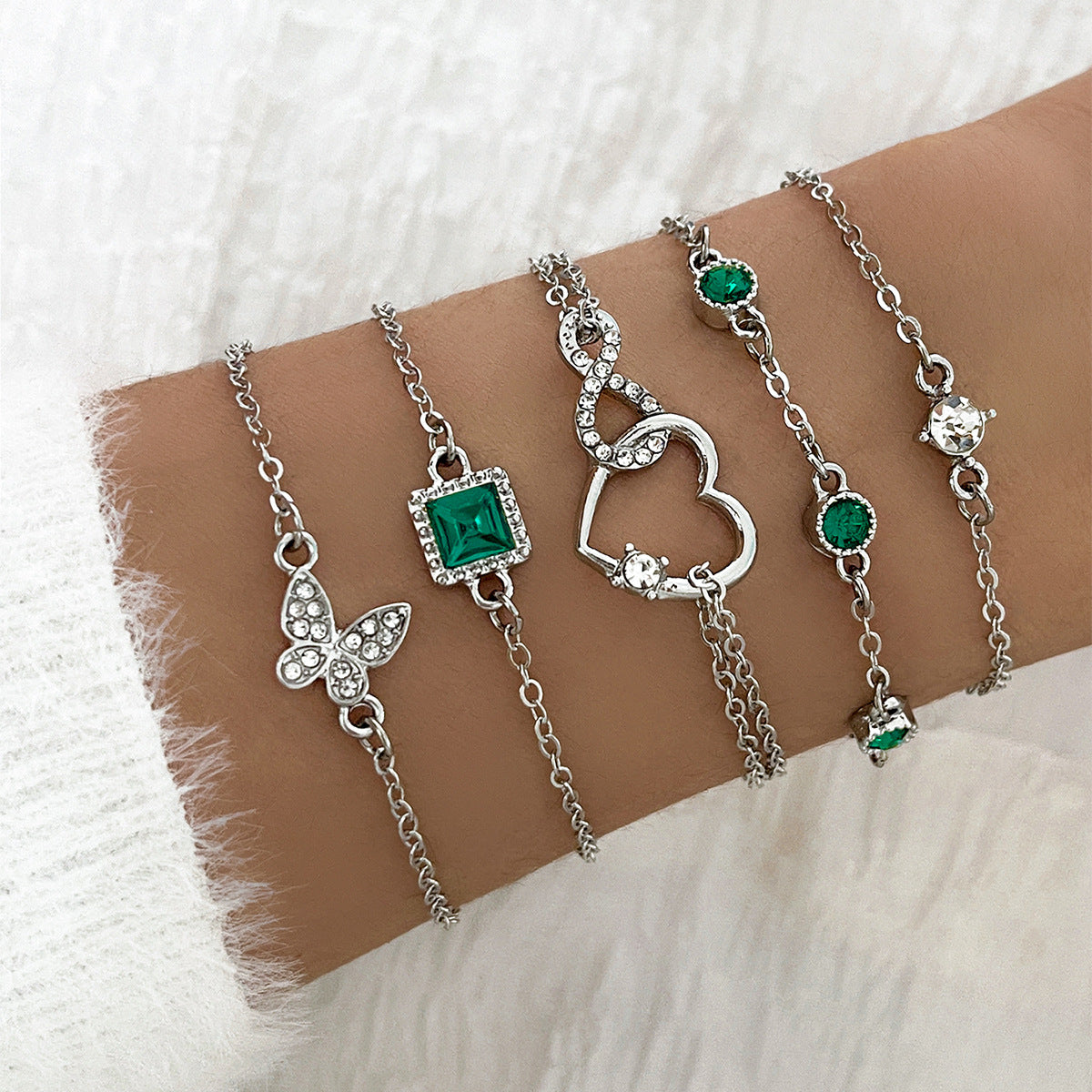 Bohemian 5pc Green Crystal Bracelets Jewelry Set For Women Heart Bracelet