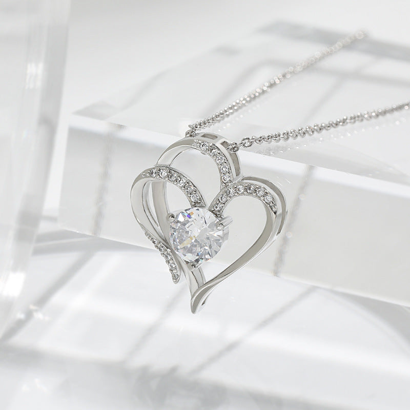 Zircon Double Love Necklace With Rhinestones Ins Personalized Heart-shaped