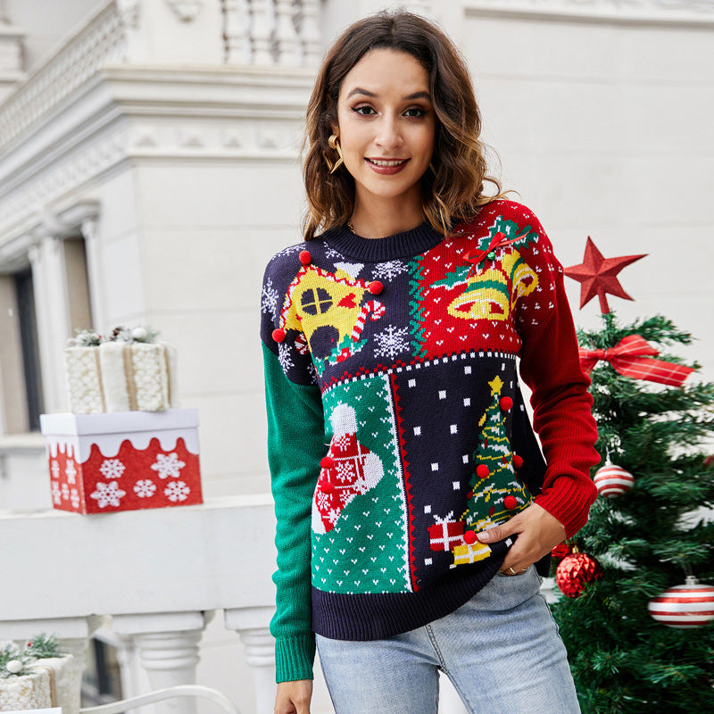 Women's Christmas Tree Snowflake Knitted Sweaters Long Sleeve Crew Neck Embroidery Pullover