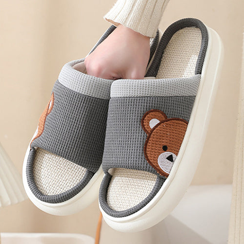 Cute Cartoon Bear Linen Slippers For Women Indoor Non-slip