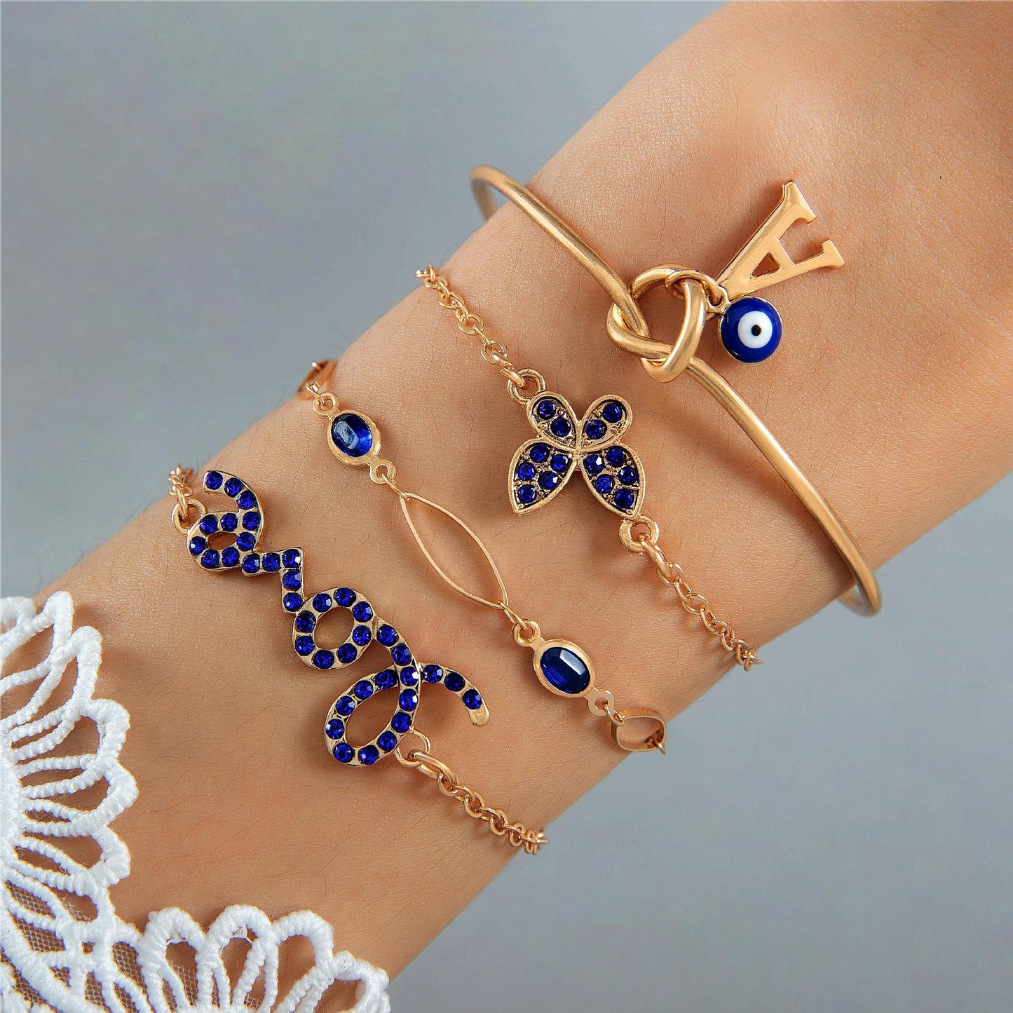 4pcs Blue Flower Love Butterfly Bracelet Set With Rhinestones Design