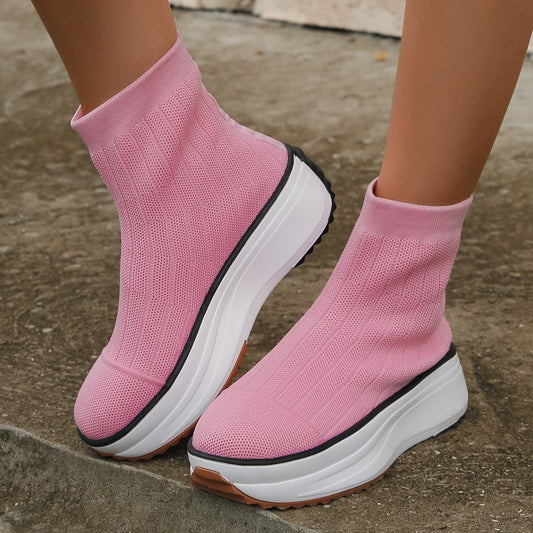 Women's Thick-soled Boots Knitted Round Toe Socks Shoes Casual Breathable Solid
