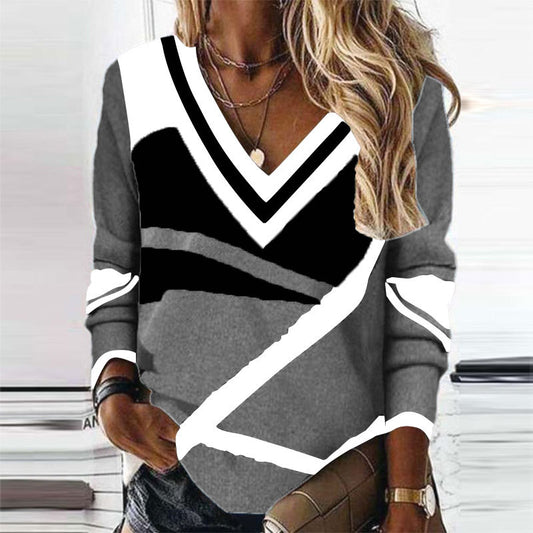 Women's Clothing V-collar Contrast Color Geometric Print Elegant Loose Long Sleeve