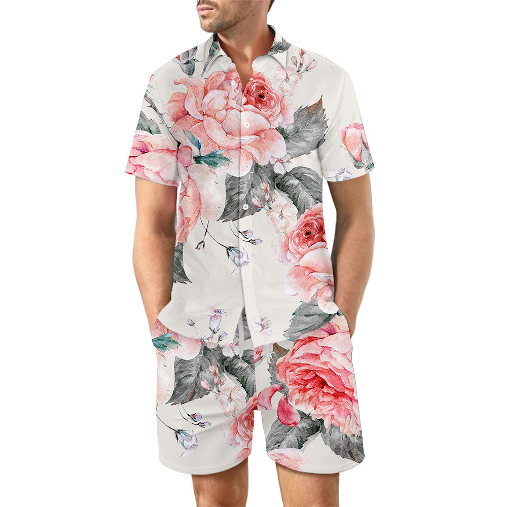 2Pcs Printed Beach Shirt Summer Suit Loose Lapel Button Top And Drawstring Pockets Shorts Casual