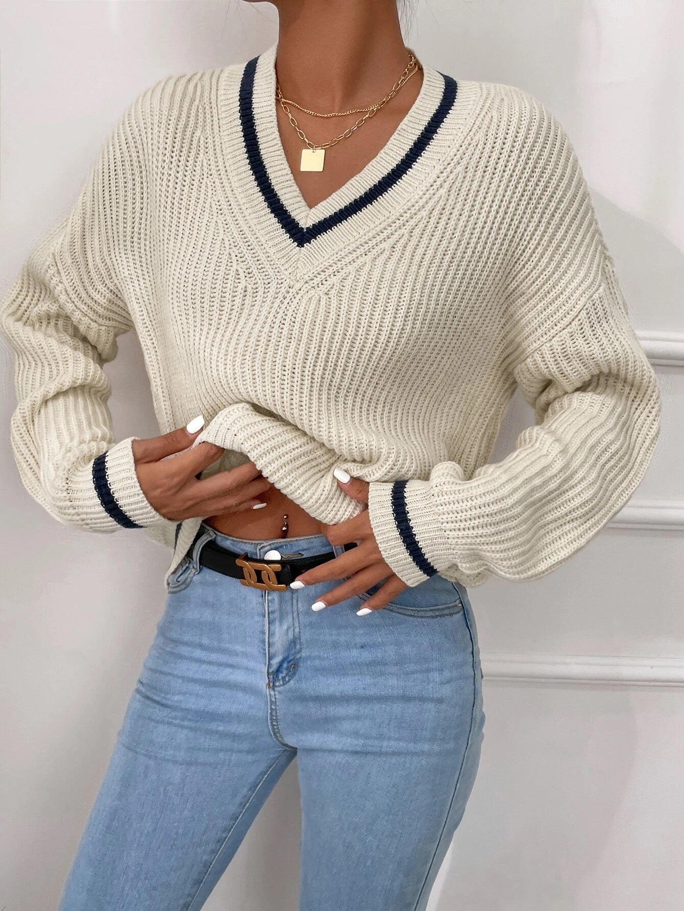 Winter Women's Clothes Cable Knit V Neck Sweaters Casual Long Sleeve Striped Pullover