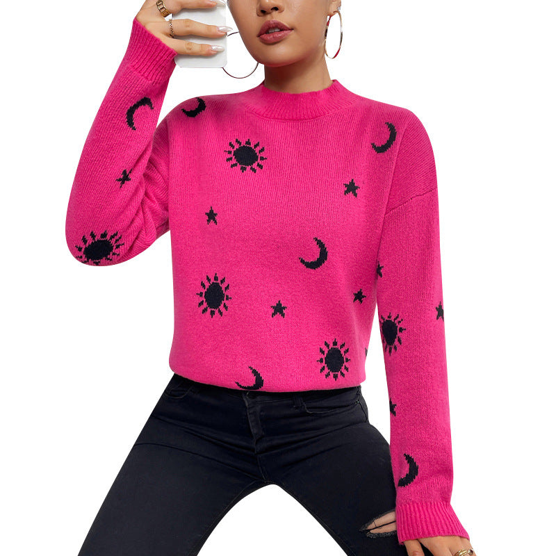 Jacquard Crewneck Pullover Knitted Sweaters For Women Casual