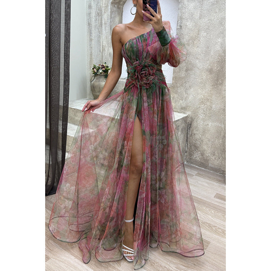 Mesh Tie-dye Printed Off-shoulder Slit Dress Summer